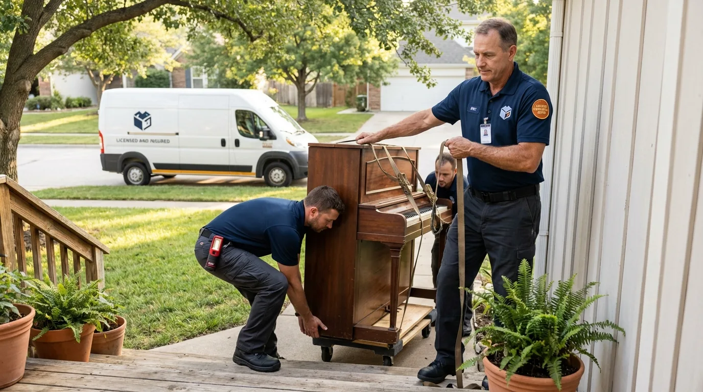Licensed piano movers securing grand piano in Bridgeport, NY