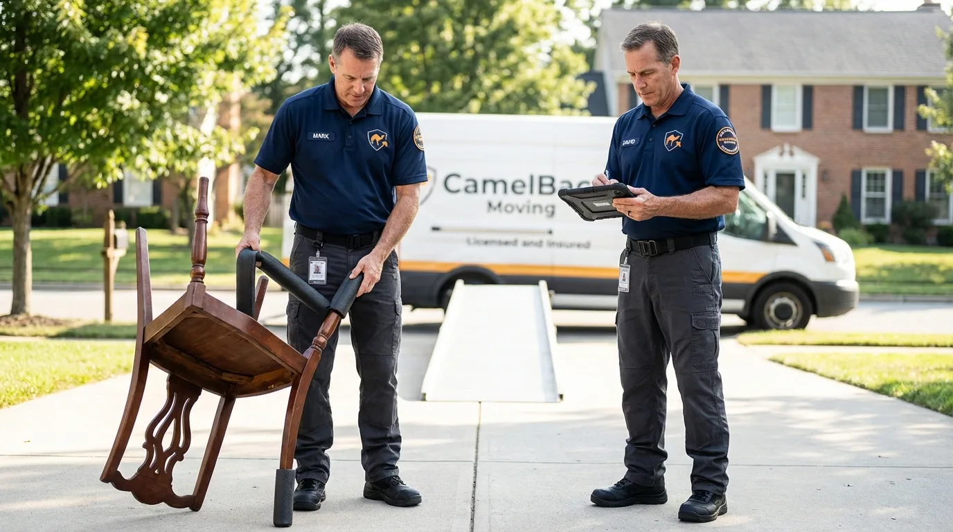 Movers inspecting furniture for damage prevention before loading in Bridgeport, NY