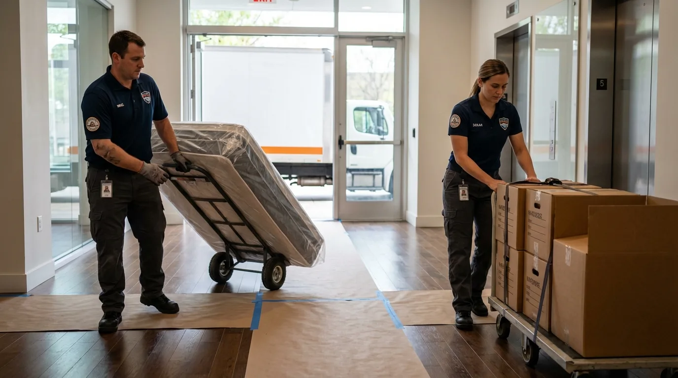 Professional apartment movers loading elevator in Bridgeport, NY